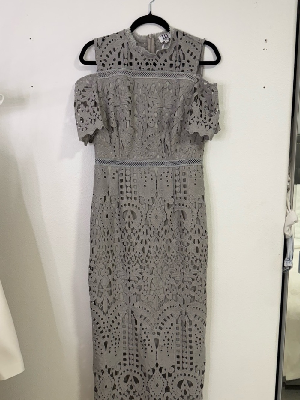 Cold-Shoulder Lace Midi Dress in Gray by Unknown Brand